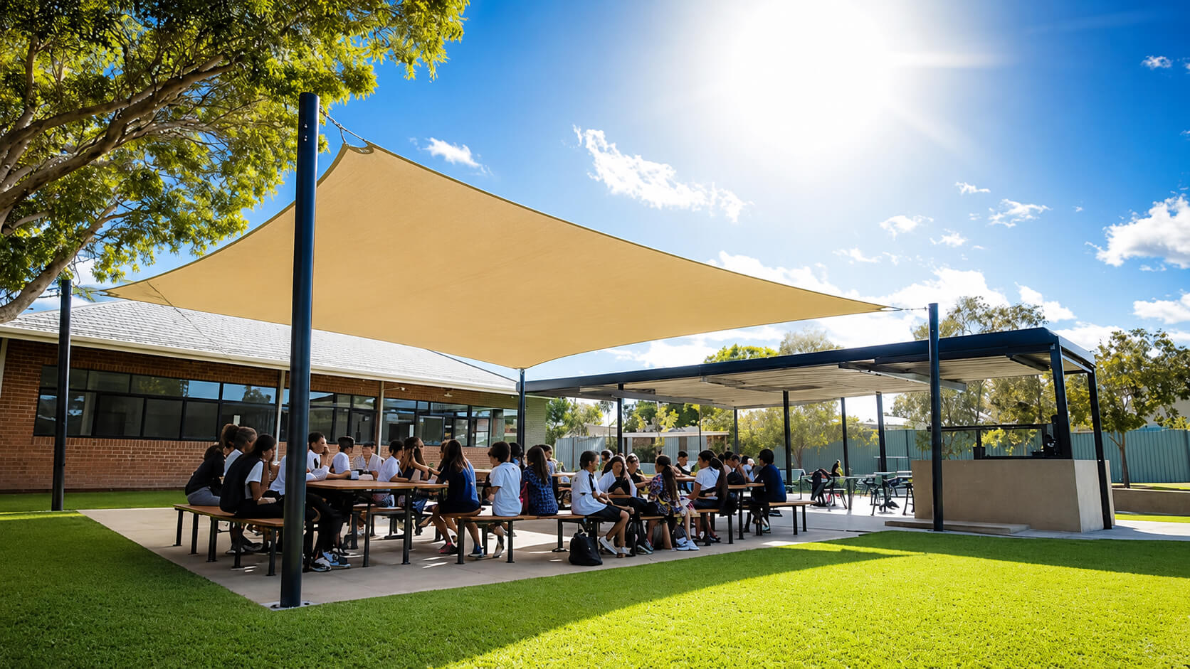 Voiles d’ombrage pour écoles : dimensionnement, ancrages et protection UV