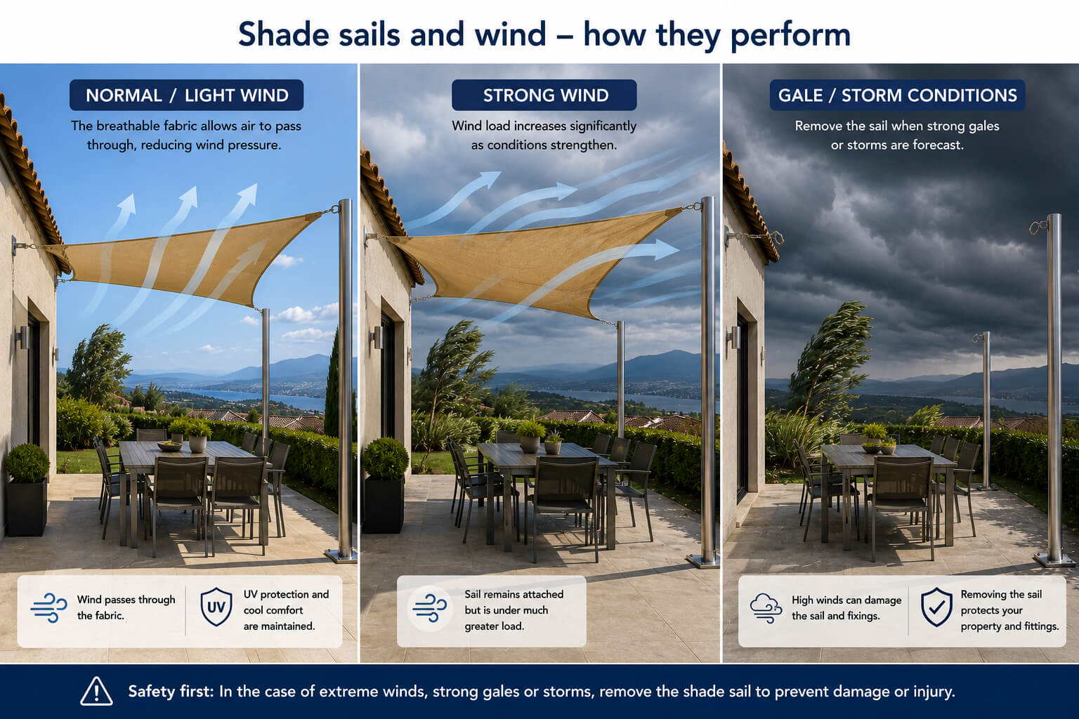Voile d’ombrage en Belgique : vent, tension, pluie et conditions hivernales